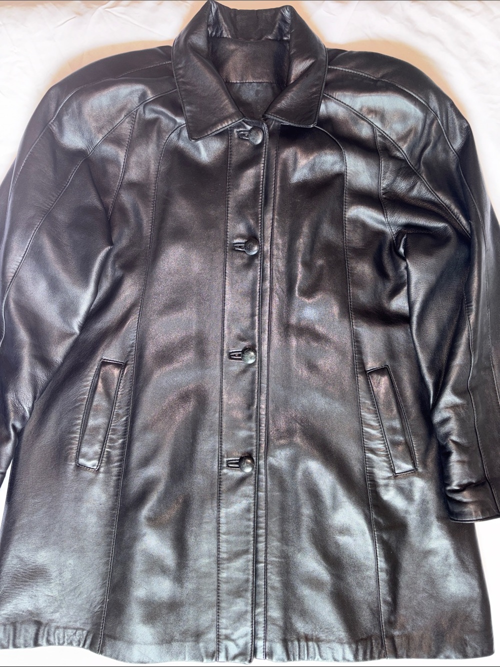 Vintage Beco Large Mid-Length Black Leather Button-Front Jacket, Shoulder Pads